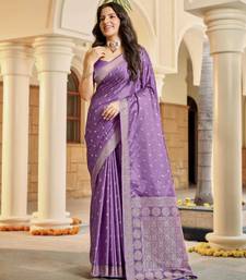 Purple satin silk blend woven saree with rich silver zari border