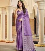 Purple satin silk blend woven saree with rich silver zari border