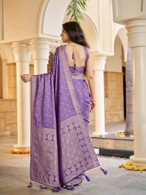 Purple satin silk blend woven saree with rich silver zari border 2