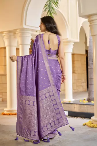 Purple satin silk blend woven saree with rich silver zari border