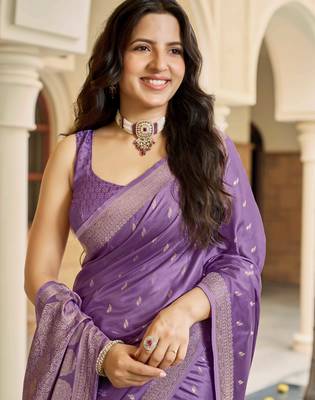 Purple satin silk blend woven saree with rich silver zari border 3