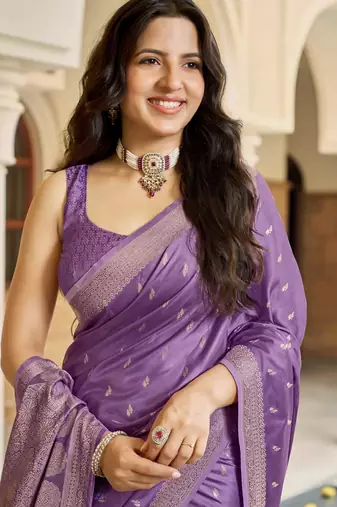 Purple satin silk blend woven saree with rich silver zari border