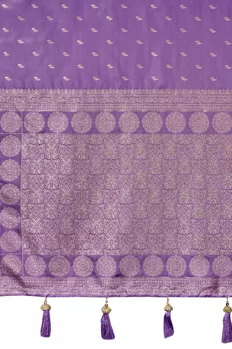 Purple satin silk blend woven saree with rich silver zari border