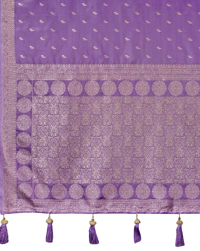 Purple satin silk blend woven saree with rich silver zari border