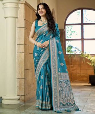 Teal blue silk blend woven saree with rich silver zari border & blouse 1