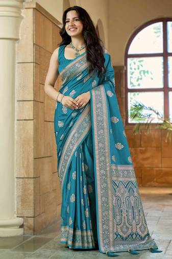 Teal blue silk blend woven saree with rich silver zari border & blouse