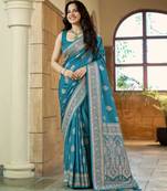 Teal blue silk blend woven saree with rich silver zari border & blouse