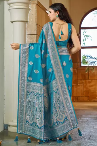 Teal blue silk blend woven saree with rich silver zari border & blouse