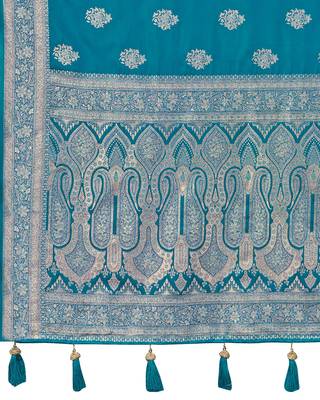 Teal blue silk blend woven saree with rich silver zari border & blouse 5