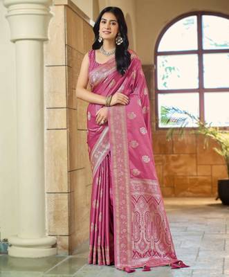 Baby pink silk blend woven saree with rich silver zari border & blouse 1