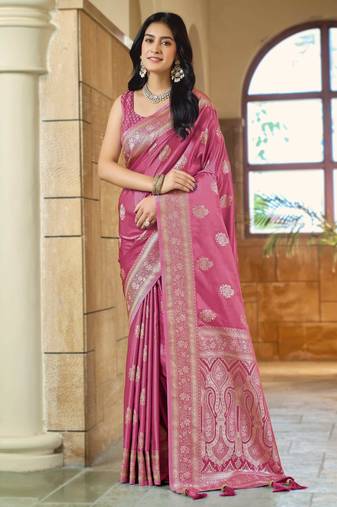 Baby pink silk blend woven saree with rich silver zari border & blouse