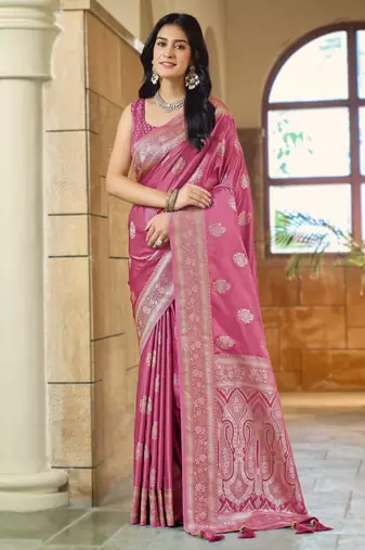Baby pink silk blend woven saree with rich silver zari border & blouse