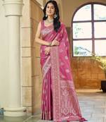 Baby pink silk blend woven saree with rich silver zari border & blouse