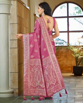 Baby pink silk blend woven saree with rich silver zari border & blouse 2