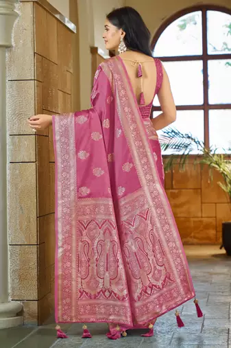 Baby pink silk blend woven saree with rich silver zari border & blouse