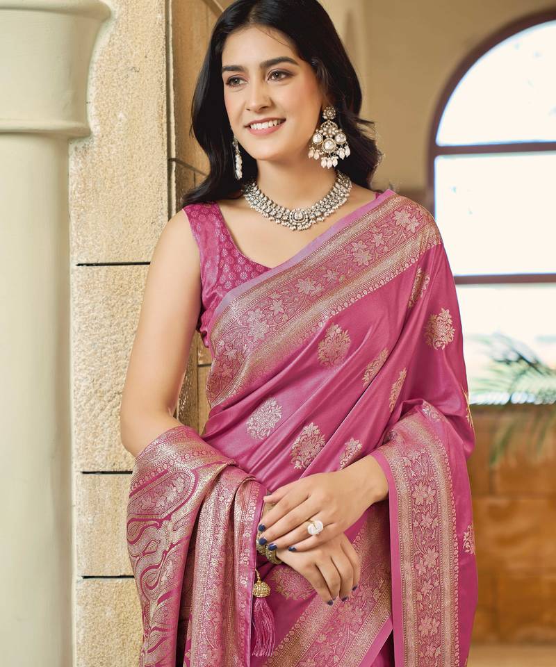 Baby pink silk blend woven saree with rich silver zari border & blouse