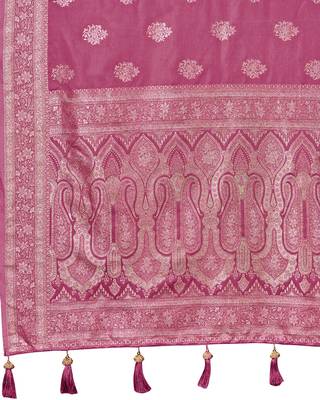 Baby pink silk blend woven saree with rich silver zari border & blouse 5