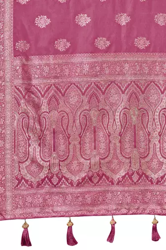 Baby pink silk blend woven saree with rich silver zari border & blouse