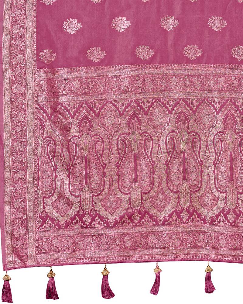 Baby pink silk blend woven saree with rich silver zari border & blouse