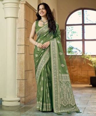 Green silk blend woven saree with rich silver zari border & blouse 1