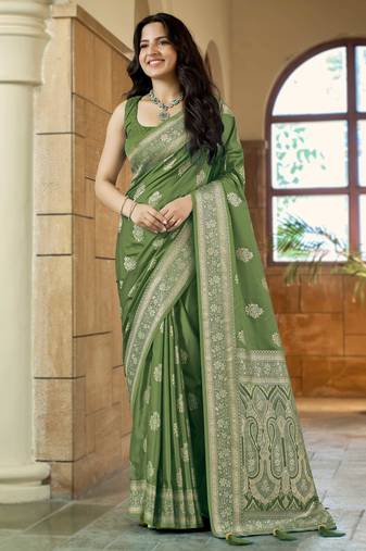 Green silk blend woven saree with rich silver zari border & blouse