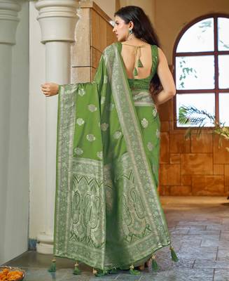 Green silk blend woven saree with rich silver zari border & blouse 2