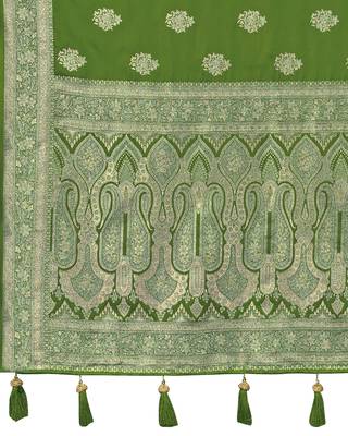 Green silk blend woven saree with rich silver zari border & blouse 5