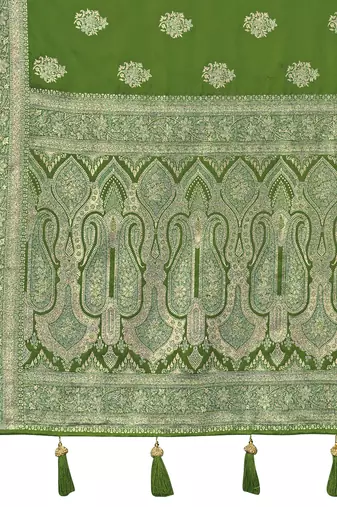 Green silk blend woven saree with rich silver zari border & blouse