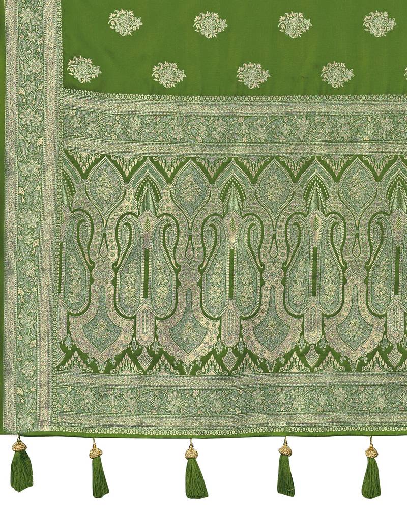 Green silk blend woven saree with rich silver zari border & blouse