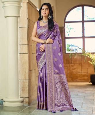 Purple silk blend woven saree with rich silver zari border & blouse 1