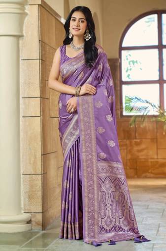 Purple silk blend woven saree with rich silver zari border & blouse