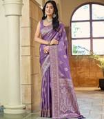 Purple silk blend woven saree with rich silver zari border & blouse
