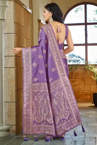 Purple silk blend woven saree with rich silver zari border & blouse