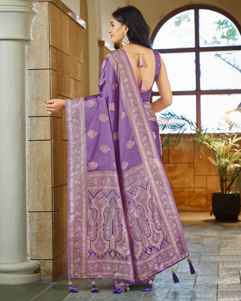 Purple silk blend woven saree with rich silver zari border & blouse