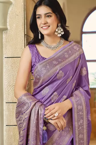 Purple silk blend woven saree with rich silver zari border & blouse