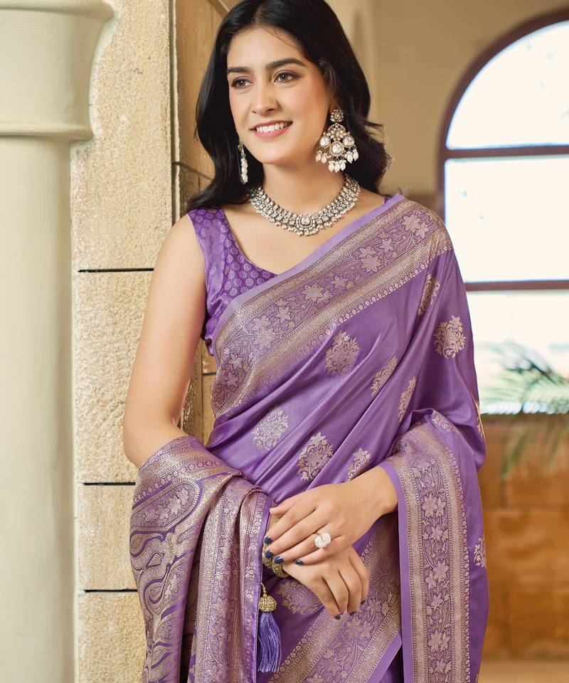 Purple silk blend woven saree with rich silver zari border & blouse