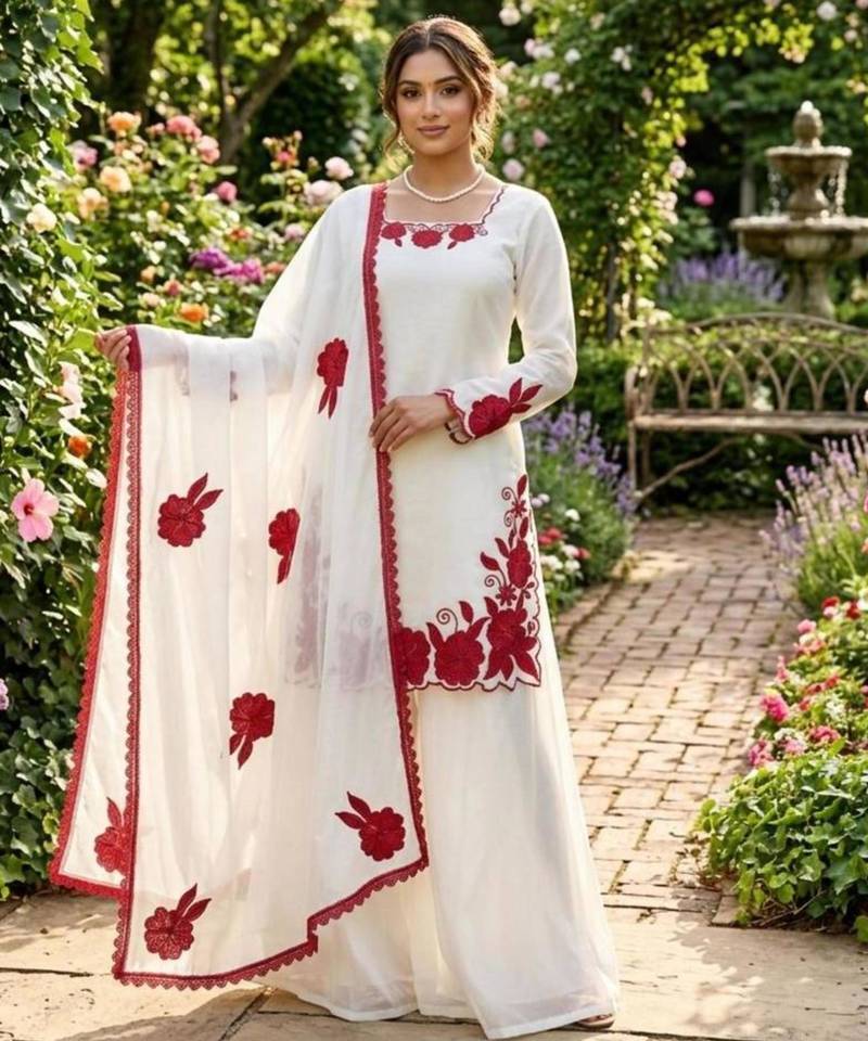 White and red embroidered suit set