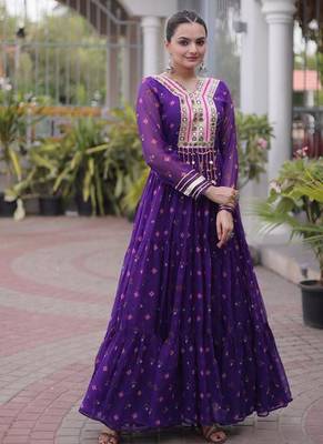 Purple navratri laheriya georgette gown with kutchi patchwork 1