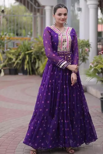 Purple navratri laheriya georgette gown with kutchi patchwork