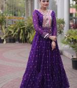 Purple navratri laheriya georgette gown with kutchi patchwork