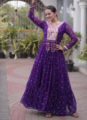 Purple navratri laheriya georgette gown with kutchi patchwork 2