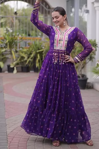 Purple navratri laheriya georgette gown with kutchi patchwork