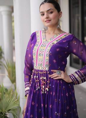 Purple navratri laheriya georgette gown with kutchi patchwork 3