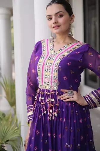 Purple navratri laheriya georgette gown with kutchi patchwork
