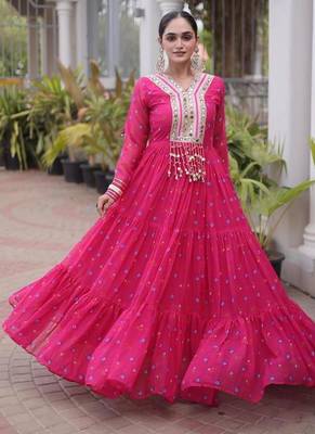 Pink navratri laheriya georgette gown with kutchi patchwork 1