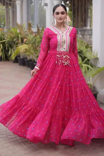 Pink navratri laheriya georgette gown with kutchi patchwork