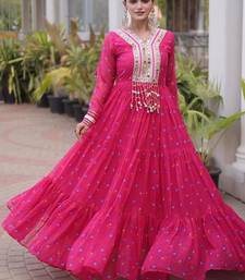 Pink navratri laheriya georgette gown with kutchi patchwork