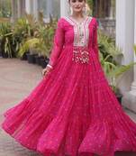 Pink navratri laheriya georgette gown with kutchi patchwork