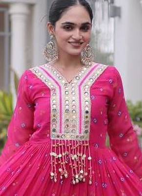 Pink navratri laheriya georgette gown with kutchi patchwork 2
