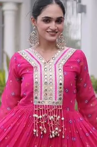 Pink navratri laheriya georgette gown with kutchi patchwork